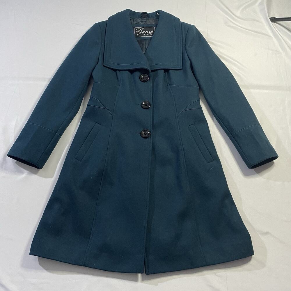 GUESS Teal Blue Wool Blend Single Breasted Pea Coat Jacket Women’s Medium M